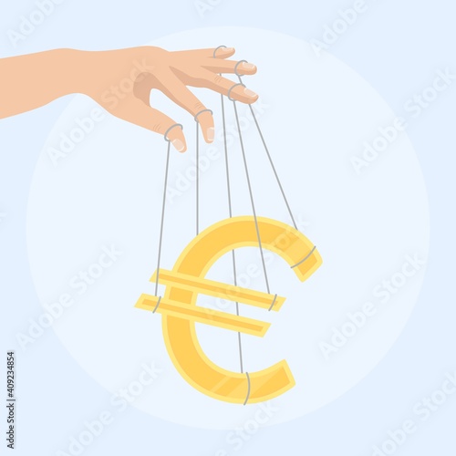 Businessman hand controlling a money sign as puppet. Vector illustration