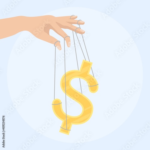 Businessman hand controlling a money sign as puppet. Vector illustration