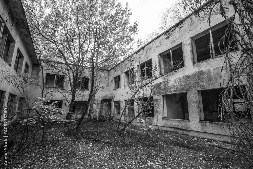 Obraz premium Kindergarten ruined abandoned outside and insideMoments footage of the apocalypse disaster after the explosion of the Chernobyl nuclear power pl