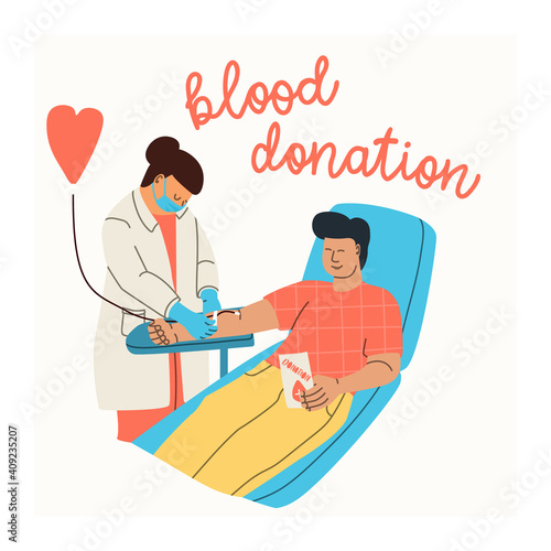 Vector illustration of a man voluntarily donated blood. A nurse or doctor in a medical uniform and a protective mask assists at the blood transfusion station. Flat trending character.