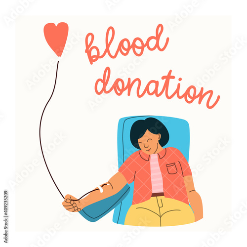 Vector illustration of a woman voluntarily donates blood. Blood donation concept. Flat trending character.