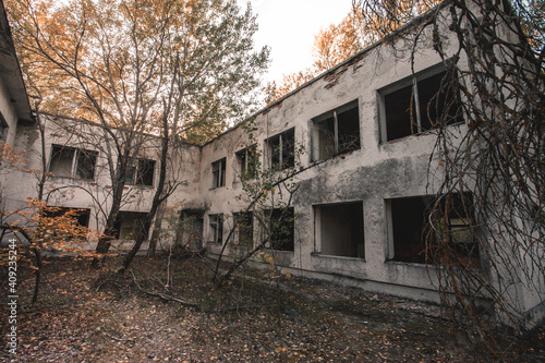 Kindergarten ruined abandoned outside and insideMoments footage of the apocalypse disaster after the explosion of the Chernobyl nuclear power pl