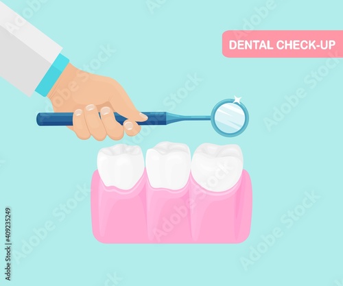 Teeth checkup. Dentist hold instruments in hands of examining patient's tooth. Stomatology concept. Dental healthcare. Vector illustration
