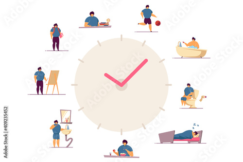 Happy boy daily routine clocks flat vector illustration. Cartoon child schedule from eating breakfast in morning to sleeping at night. Everyday life and health activity, lifestyle concept