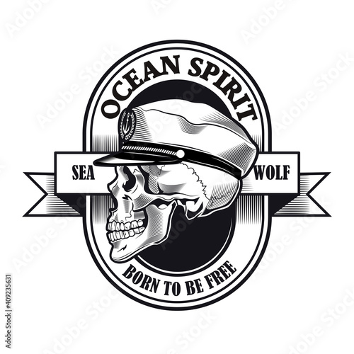 Captain badge design. Monochrome element with skull in ship captain cap vector illustration with text on ribbon. Sailing or navigating concept for labels and emblems templates
