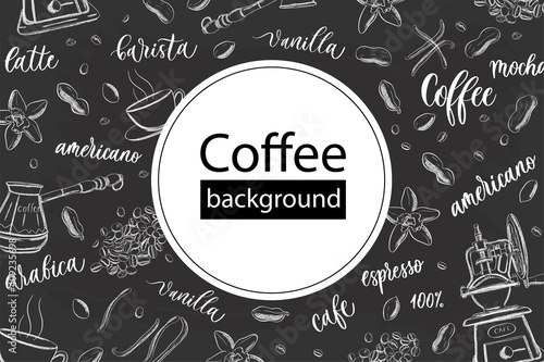 Coffee background in vintage outline hand drawn doodle style with different objects on coffee theme.