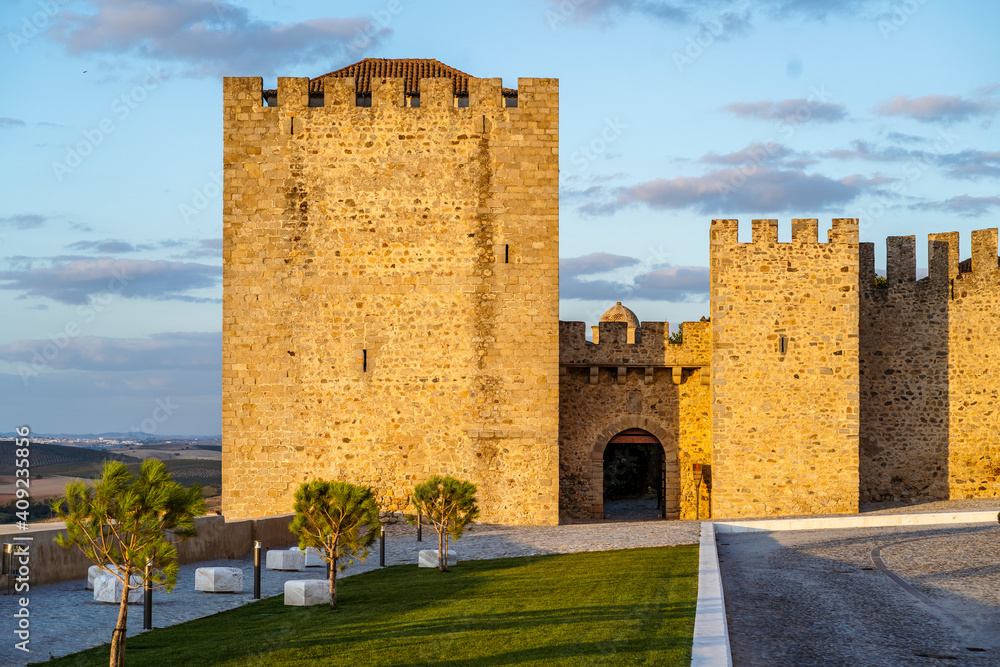 Entrance to castle by sunset, Elvas, Portugal