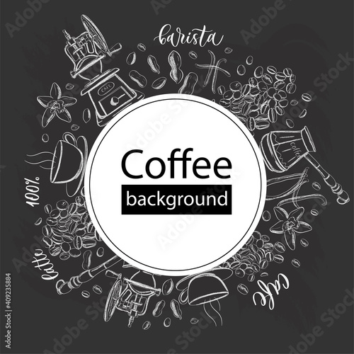 Coffee round design in vintage outline hand drawn doodle style with different objects on coffee theme.