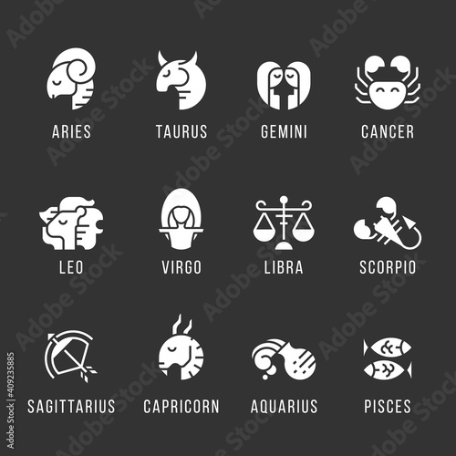 set of 12 Astrology with white icons Zodiac signs on black background vector design