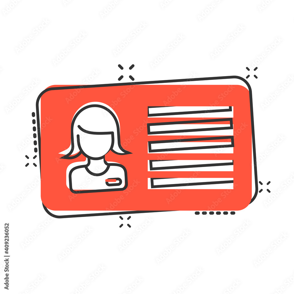 Women id card icon in comic style. Identity tag cartoon vector illustration on white isolated background. Driver licence splash effect business concept. Women id card icon in comic style. Identity tag cartoon vector illustration on white isolated background. Driver licence splash effect business concept.