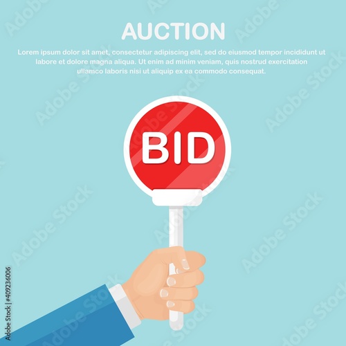 Businessman hold auction paddle in hand. Bidding concept. People rise signs with BID inscriptions. Vector illustration