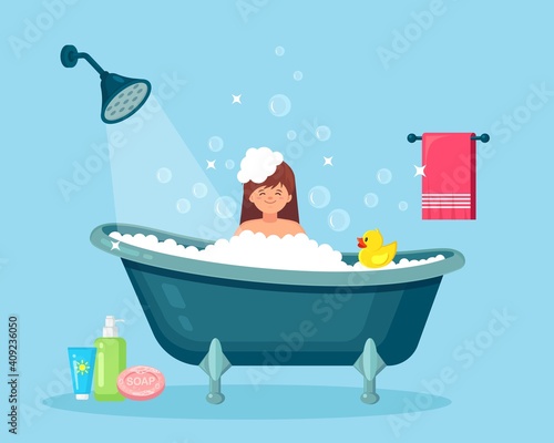 Woman taking bath in bathroom. Wash hair, body with shampoo, soap. Bathtub full of foam with bubbles. Vector illustration