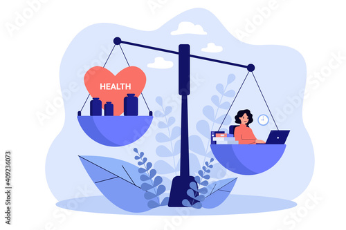 Exhausted woman losing healthy life while overworking. Imbalance of work, stress and health on scale. Vector illustration for healthcare, conflict, workaholic of interest concept