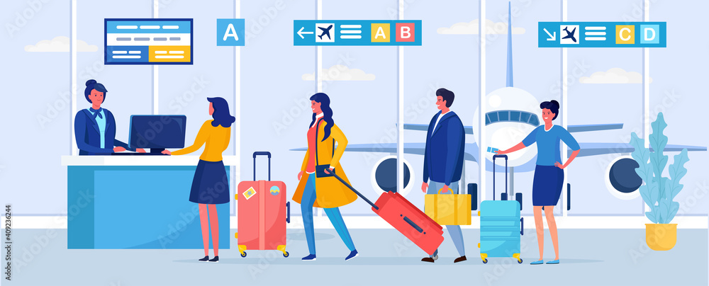 Check in, registration in airport terminal passengers standing in queue at departures gate. Vector illustration Check in, registration in airport terminal passengers standing in queue at departures gate. Vector illustration