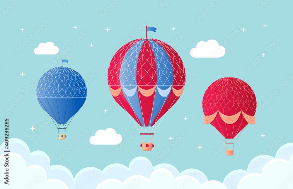 custom made wallpaper toronto digitalSet of vintage retro hot air balloon with basket in sky isolated on background. Vector cartoon design
