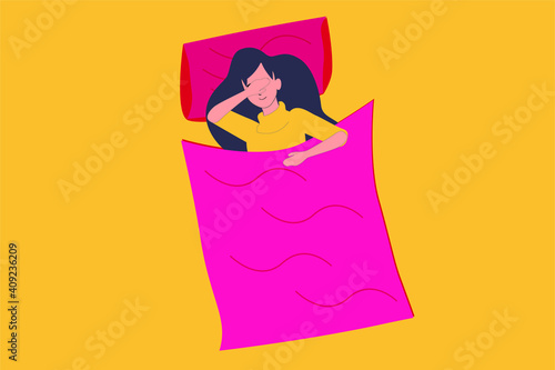 Woman thinks of her lover at night in her bed while closing her eyes. Character Girl take a nap on her bed and covers her eyes from light. Tired female falling asleep. Vector illustration.