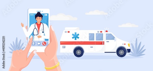 Emergency call service. Ambulance car and call to doctor by phone. Vector illustration