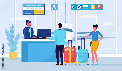 Check in, registration in airport terminal passengers standing in queue at departures gate. Vector illustration photo