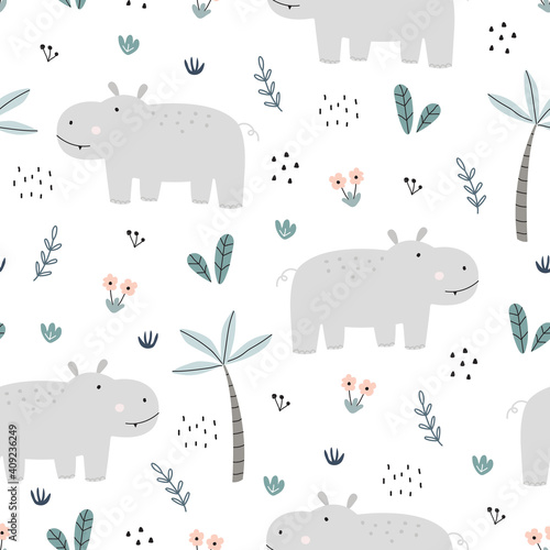 Seamless pattern Cartoon animal background has hippo with trees and flowers Simple design, hand-drawn in children's style, used for Print, wallpapers, decoration, textiles Vector illustration