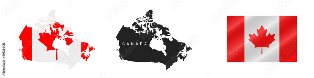 Canada. Map with masked flag. Detailed silhouette. Waving flag. Vector illustration isolated on white.