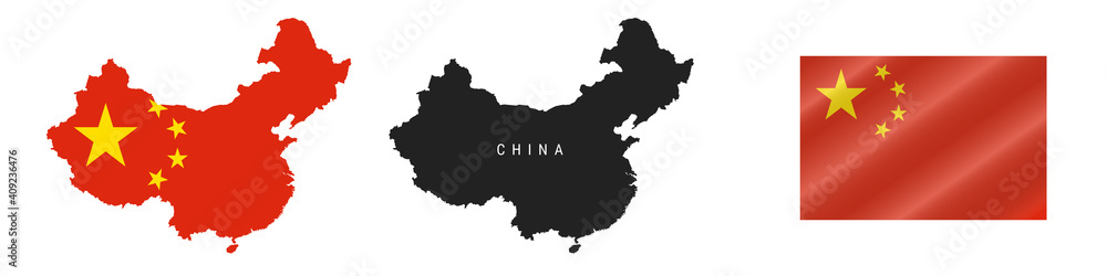 Obraz premium China. Map with masked flag. Detailed silhouette. Waving flag. Vector illustration isolated on white.