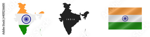 India. Map with masked flag. Detailed silhouette. Waving flag. Vector illustration isolated on white.