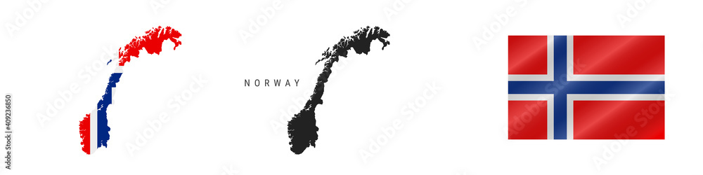 Norway. Map with masked flag. Detailed silhouette. Waving flag. Vector illustration isolated on white. Norway. Map with masked flag. Detailed silhouette. Waving flag. Vector illustration isolated on white.
