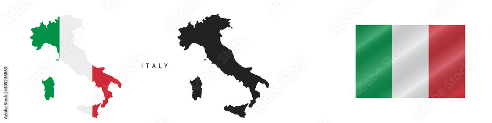 Italy. Map with masked flag. Detailed silhouette. Waving flag. Vector illustration isolated on white.