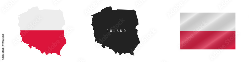 Poland. Map with masked flag. Detailed silhouette. Waving flag. Vector illustration isolated on white. Poland. Map with masked flag. Detailed silhouette. Waving flag. Vector illustration isolated on white.