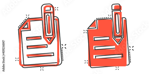 Blogging icon in comic style. Document with pen cartoon vector illustration on white isolated background. Content splash effect business concept.