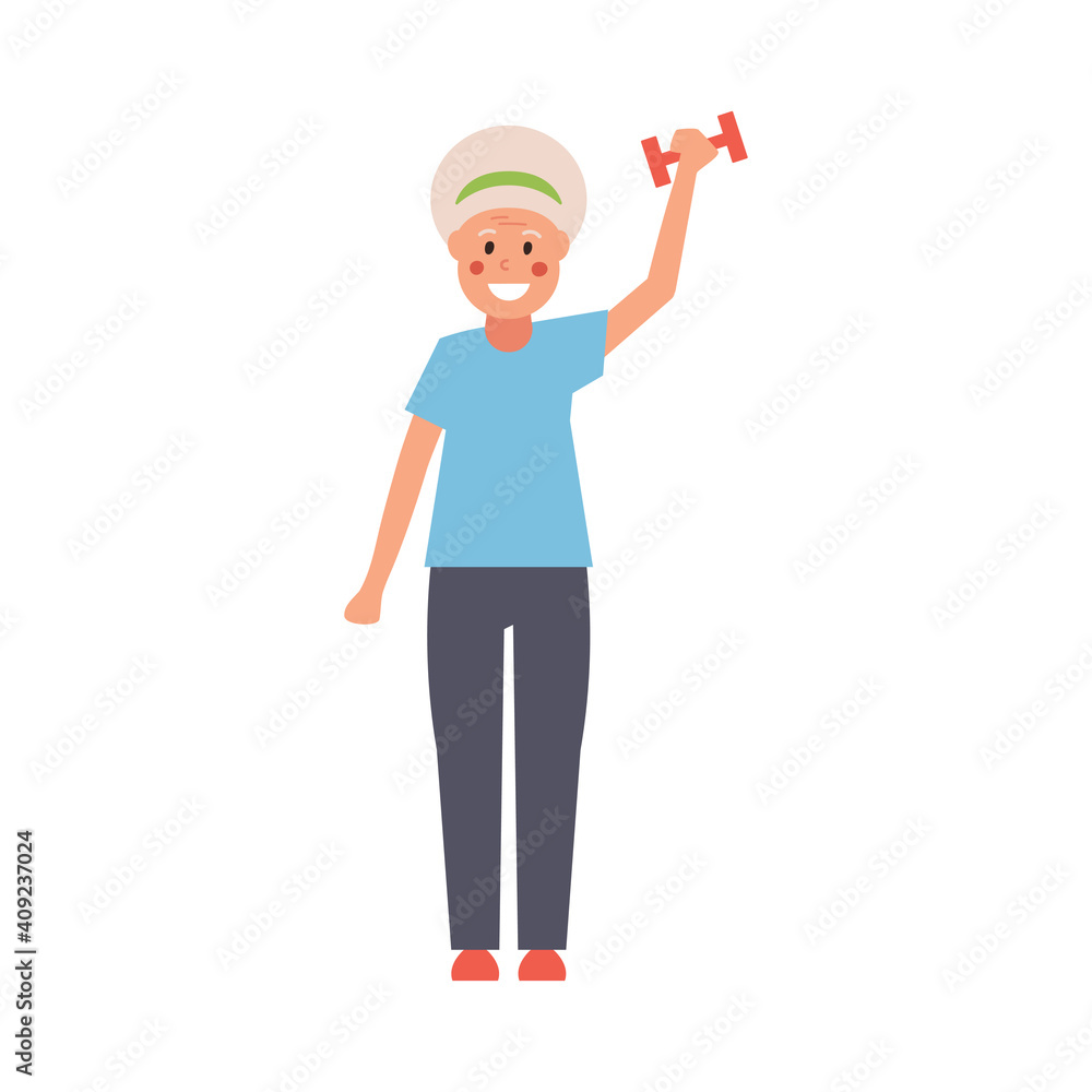 In fashion, a modern grandmother with dumbbells in her hands does fitness exercises. Fully editable vector illustration. Perfect for information cards, posters, flyers, fitness trends and themes