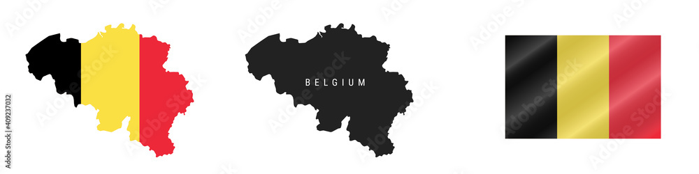 Belgium. Map with masked flag. Detailed silhouette. Waving flag. Vector illustration isolated on white.