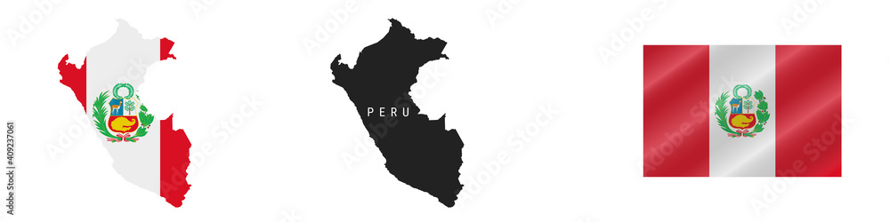 Peru. Map with masked flag. Detailed silhouette. Waving flag. Vector illustration isolated on white.