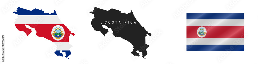 Costa Rica. Map with masked flag. Detailed silhouette. Waving flag. Vector illustration isolated on white.