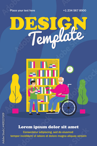 Grandpa in wheelchair and boy holding books. Library, bookshelf, home flat vector illustration. Education and study concept for banner, website design or landing web page