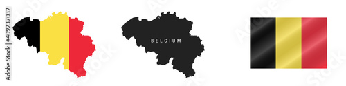 Belgium. Map with masked flag. Detailed silhouette. Waving flag. Vector illustration isolated on white.