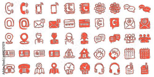 Contact icon set in comic style. Phone communication cartoon vector illustration on white isolated background. Website equipment splash effect business concept.