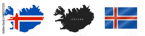 Iceland. Map with masked flag. Detailed silhouette. Waving flag. Vector illustration isolated on white.