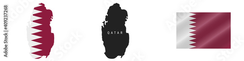 Qatar. Map with masked flag. Detailed silhouette. Waving flag. Vector illustration isolated on white.