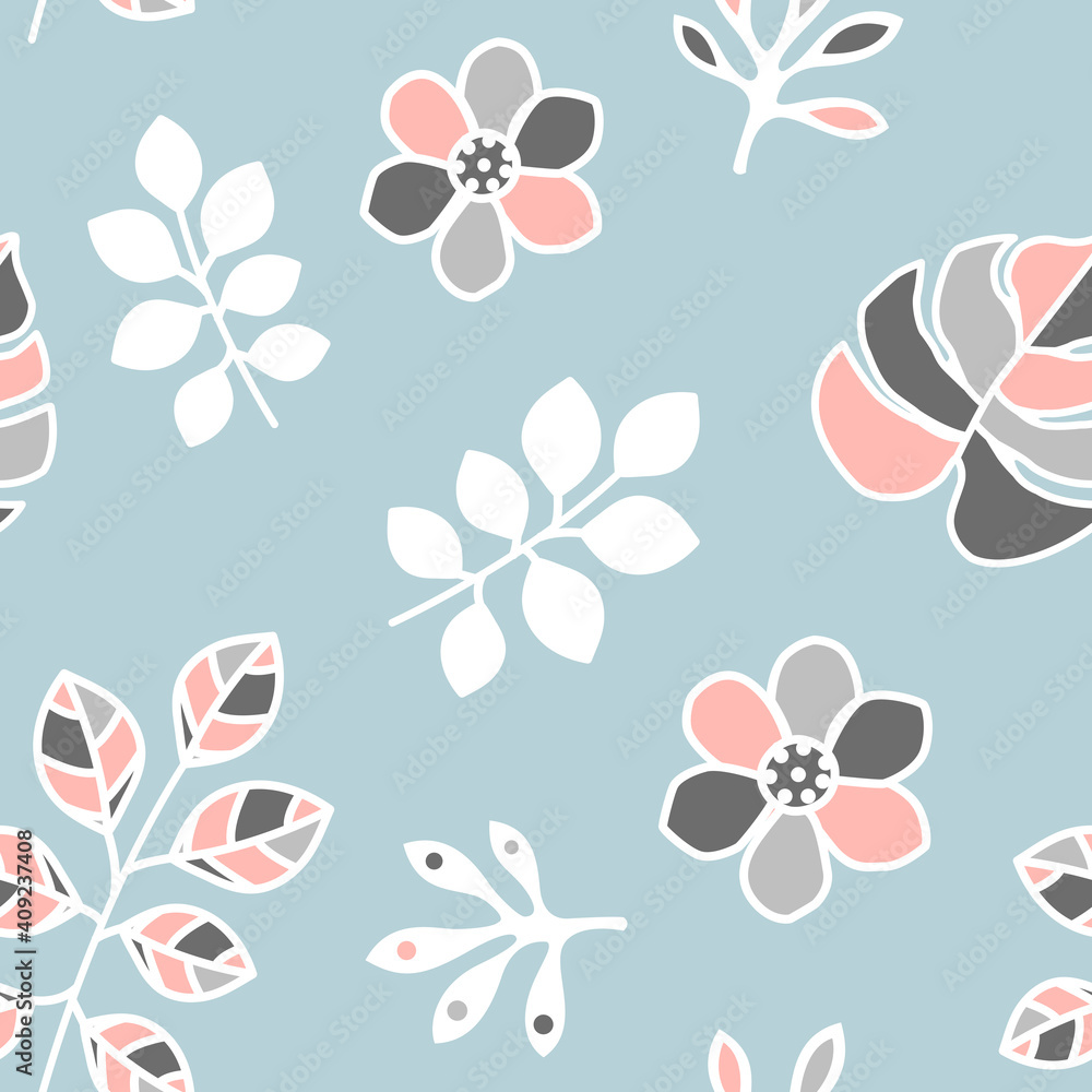 Seamless repeated surface vector pattern design with simple pink, gray and white flowers, leaves and leaf branches on a light blue background
