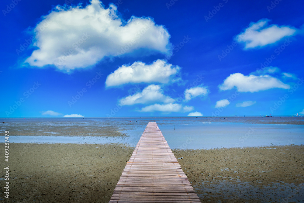 Wooden bridge in mangrove forest with blue sky background.