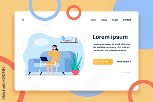 Adult young woman talking via laptop at home. Sofa, isolation, chat flat vector illustration. Freelance and digital technology concept for banner, website design or landing web page