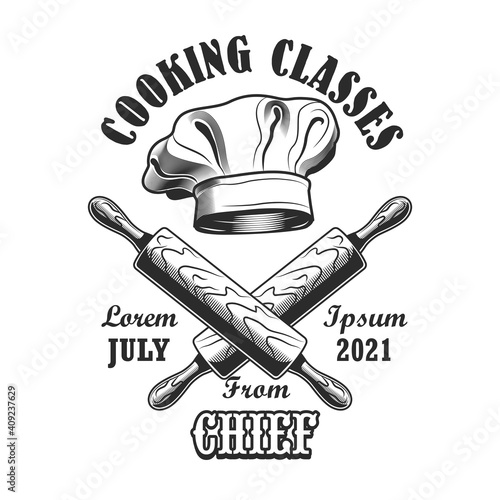 Baking class label design. Monochrome element with crossed rollers and chiefs cap vector illustration and text. Workshop and course from chef concept for stamps and emblems templates