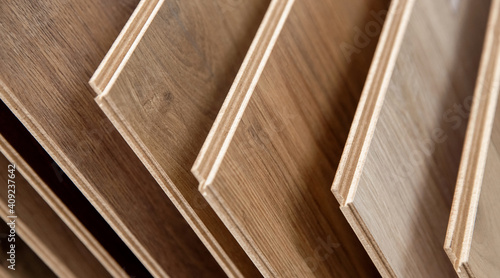 Closeup laminate and parquet wood chipboard, architecture and construction for flooring and interior design in market