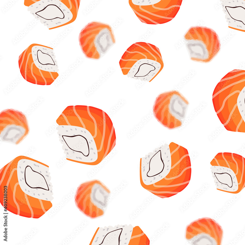 Pattern Rolls of rice and salmon falling down.Isolated on a white background. Japanese food Pattern Rolls of rice and salmon falling down.Isolated on a white background. Japanese food