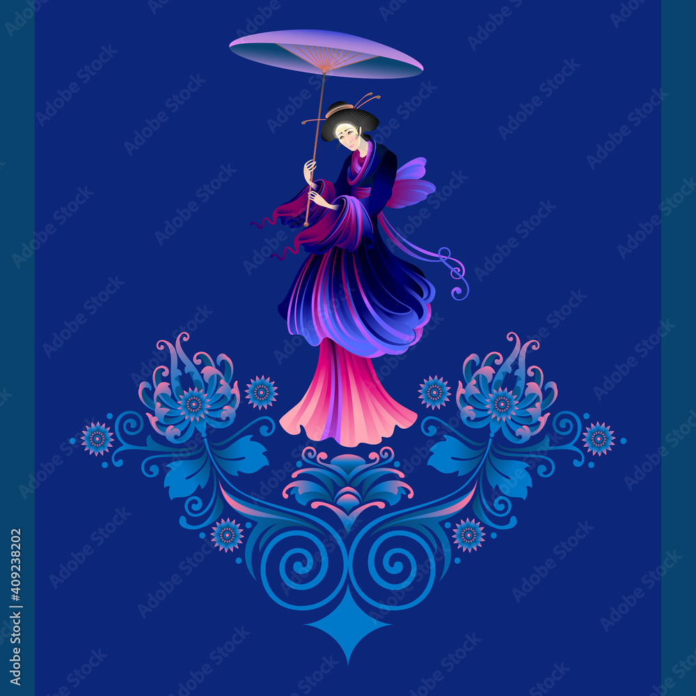 The stylized image of a Japanese girl. Geisha. Pattern of flowers and lines on a dark background The stylized image of a Japanese girl. Geisha. Pattern of flowers and lines on a dark background
