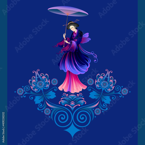 The stylized image of a Japanese girl. Geisha. Pattern of flowers and lines on a dark background