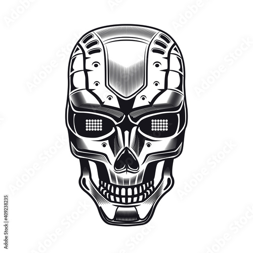 Robots head emblem design. Monochrome element with humanoid skull, cyborg, smart machine vector illustration. Robotics concept for symbols or tattoo templates
