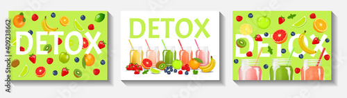 Set of flyer. Smoothies with fruits and berries. Fresh fruits, Natural food, Detox, Healthy eating, Vegan concept. Vector illustration for poster, banner, flyer, menu, cover, advertising.