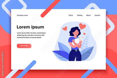Happy woman hugging white cat. Owner holding pet in arms, love, hearts flat vector illustration. Domestic animals, pet care, friend concept for banner, website design or landing web page